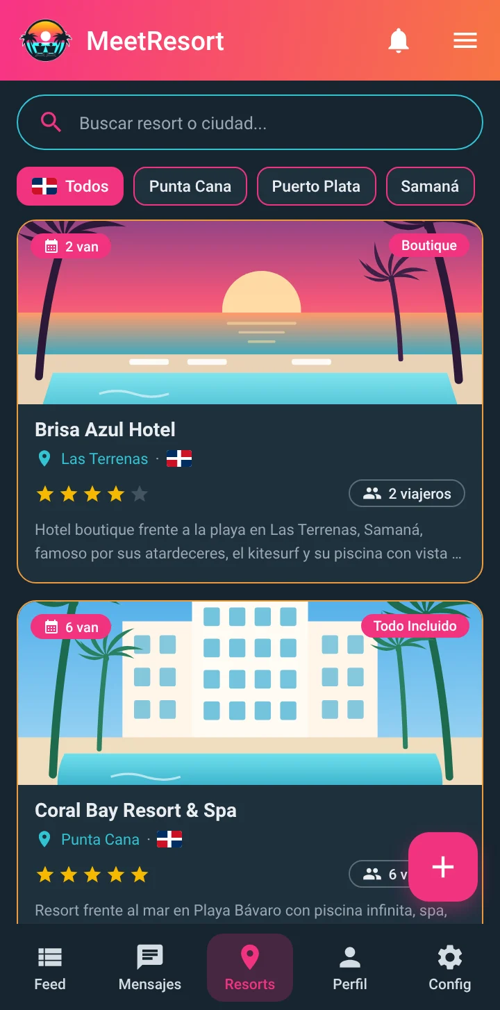 Lista de resorts en tema oscuro